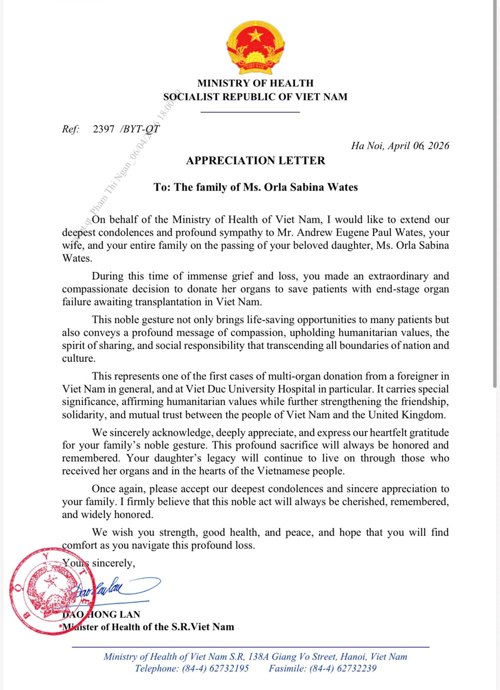 Tri ân gia đình thiếu nữ người Anh hiến tạng, hồi sinh sự sống cho 3 người Việt - ảnh 3