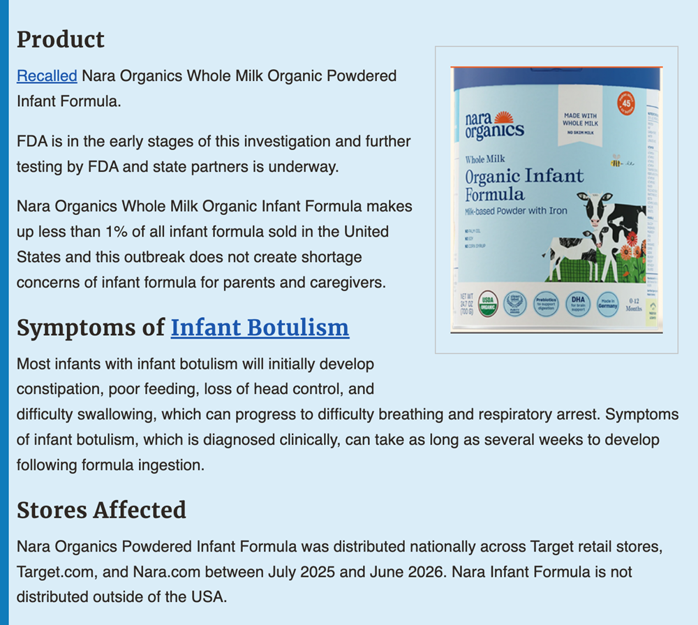 Cảnh báo sữa Organics infant Formula khiến 3 trẻ sơ sinh bị ngộ độc botulinum - ảnh 2