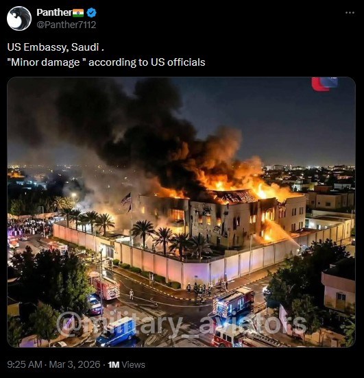 'Thiệt hại nhỏ' hay 'cháy ngút trời'? Ảnh lan truyền về Đại sứ quán Mỹ tại Saudi Arabia bị bóc trần - ảnh 1
