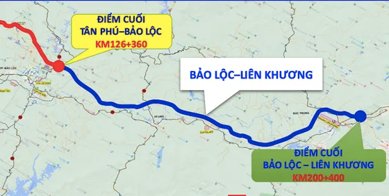 Sơ đồ hướng tuyến cao tốc Tân Phú - Bảo Lộc kết nối với cao tốc Bảo Lộc - Liên Khương