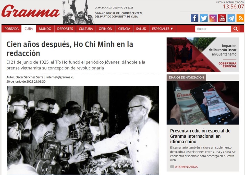 Bài viết nhân kỷ niệm 100 năm Ngày báo chí cách mạng Việt Nam đăng trên báo Granma (ảnh chụp màn hình).