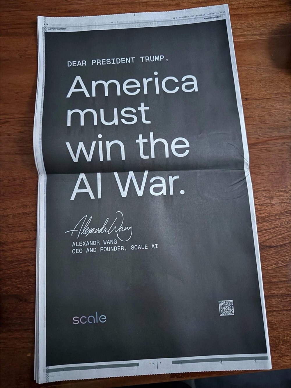 Quảng cáo của Scale AI trên Washington Post. (Ảnh: X/Alexandr Wang)
