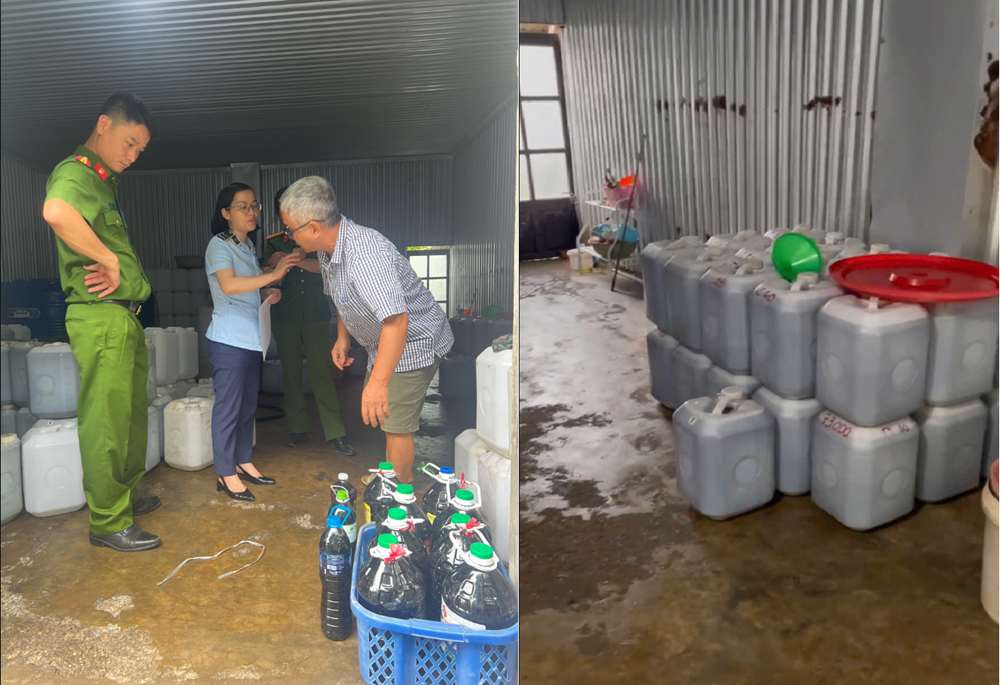 Tổ công tác phát hiện 2.620 lít nước mắm không rõ nguồn gốc, xuất xứ. Ảnh: Mạnh Hùng