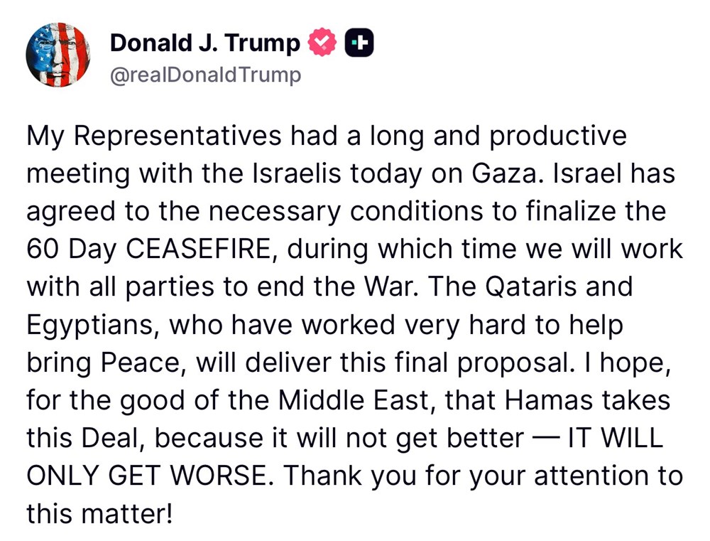 Bài viết của Tổng thống Mỹ Donald Trump trên mạng xã hội Truth Social ngày 1.7 theo giờ Mỹ. Ảnh chụp màn hình