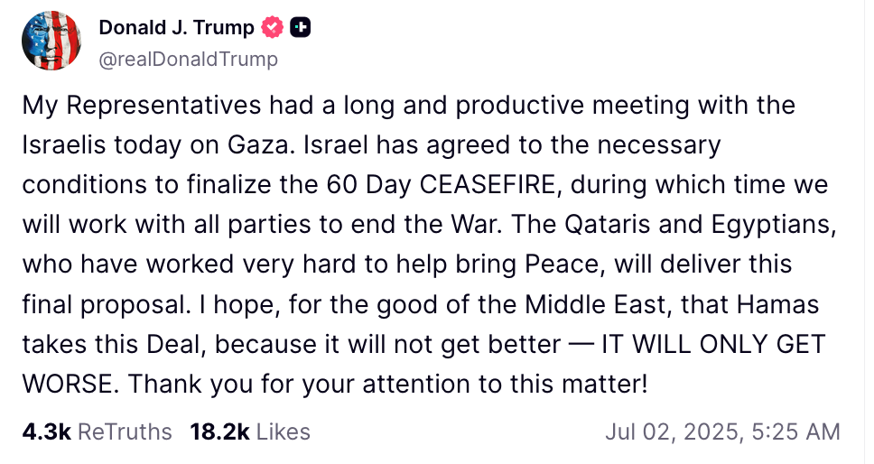Cảnh báo cứng rắn của Tổng thống Mỹ Donald Trump đối với Hamas được đưa ra trên nền tảng mạng xã hội Truth Social vào dáng 02.07.2025. Ảnh chụp màn hình