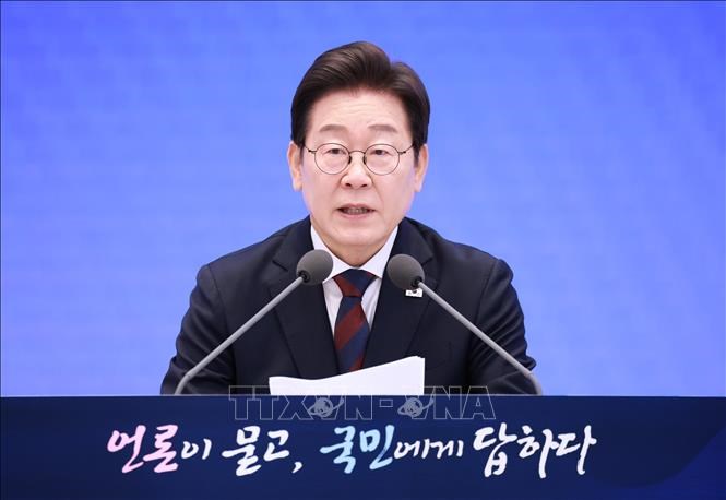 Tổng thống Hàn Quốc Lee Jae Myung phát biểu trong cuộc họp báo tại Seoul ngày 3.7.2025. Ảnh: Yonhap/TTXVN