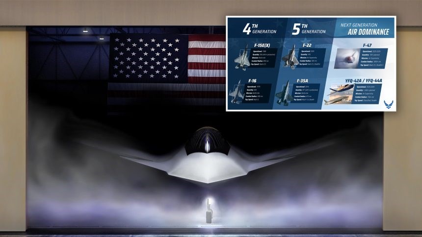 Hình ảnh mô phỏng chính thức của F-47 và đồ họa do Tướng David Allvin, Tư lệnh Không quân Mỹ chia sẻ trên mạng xã hội X, Ảnh: Không quân Mỹ