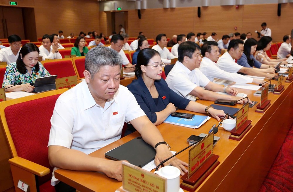 Đại biểu tham dự kỳ họp bấm nút thông qua nghị quyết. Ảnh: Quang Thái