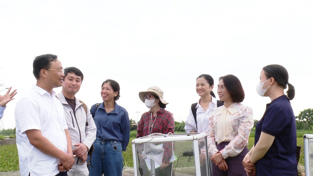 Lãnh đạo xã Ứng Hoà, Công ty TNHH Faeger Việt Nam, Chi cục Trồng trọt và Bảo vệ thực vật Hà Nội, Trạm Dịch vụ nông nghiệp kiểm tra thực tế mô hình. Ảnh: Phùng Lương