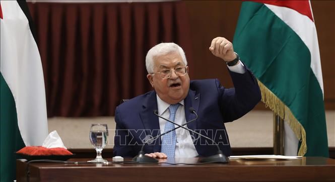 Tổng thống Palestine Mahmoud Abbas phát biểu tại một cuộc họp ở thành phố Ramallah, Bờ Tây. Ảnh: ANI/TTXVN