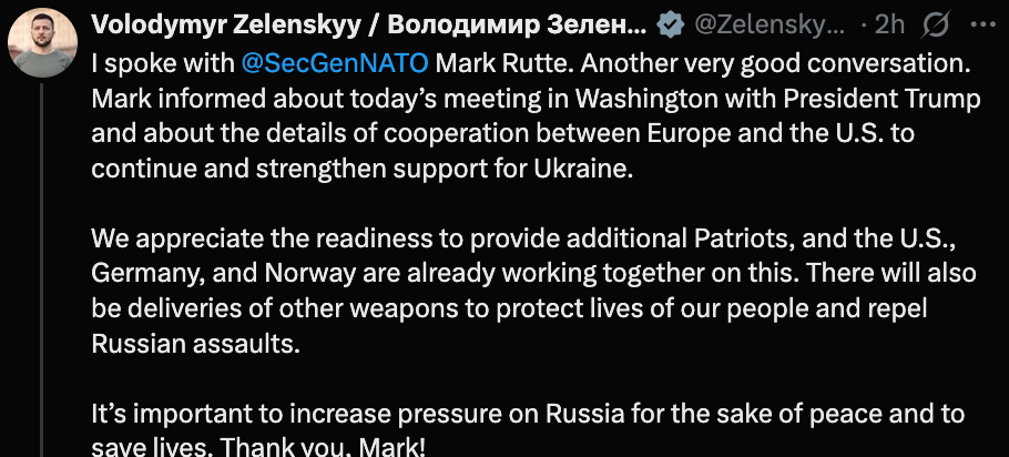 Bài đăng trên mạng xã hội X của Tổng thống Ukraine Volodymyr Zelensky về cuộc điện đàm với Tổng thống Mỹ Donald Trump. Ảnh chụp màn hình