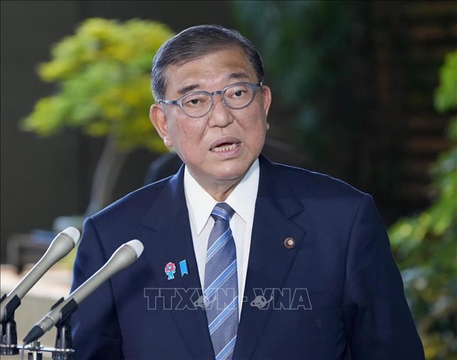 Thủ tướng Nhật Bản Shigeru Ishiba phát biểu họp báo tại Tokyo ngày 23.7.2025. Ảnh: Kyodo/TTXVN