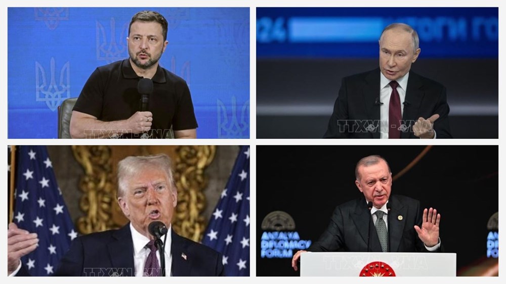 Tổng thống Ukraine Volodymyr Zelensky, Tổng thống Nga Vladimir Putin, Tổng thống Thổ Nhĩ Kỳ Recep Tayyip Erdogan và Tổng thống Mỹ Donald Trump. Ảnh: IRNA, Kyodo, THX/TTXVN