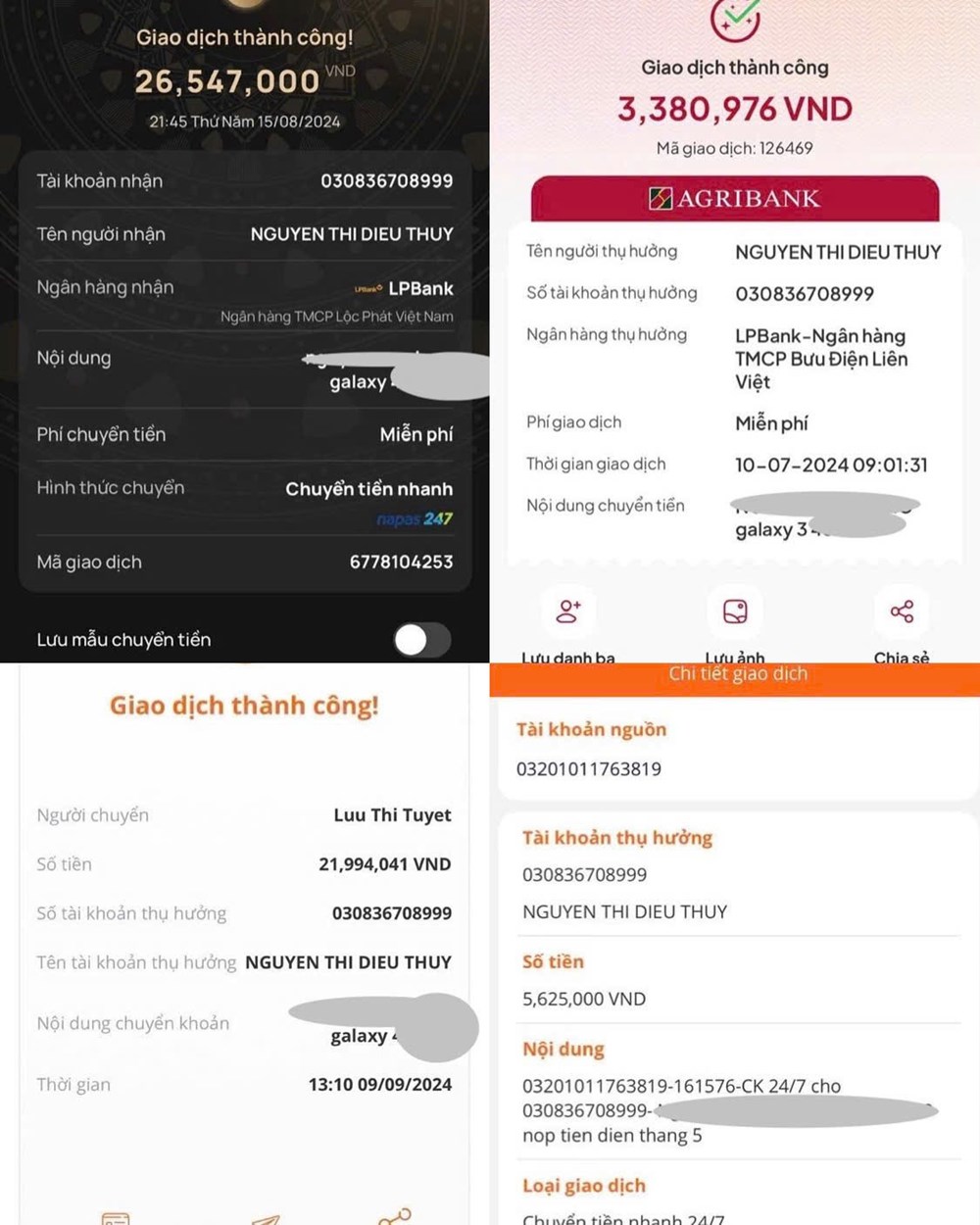 Biên lai chuyển tiền và thông báo bằng email của Công ty GTC có yêu cầu cư dân chuyển tiền điện vào tài khoản cá nhân bà mang tên bà Nguyễn Thị Diệu Thúy.