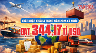 Xuất nhập khẩu 4 tháng năm 2026 đạt 344,17 tỉ USD, nhập siêu 7,11 tỉ USD