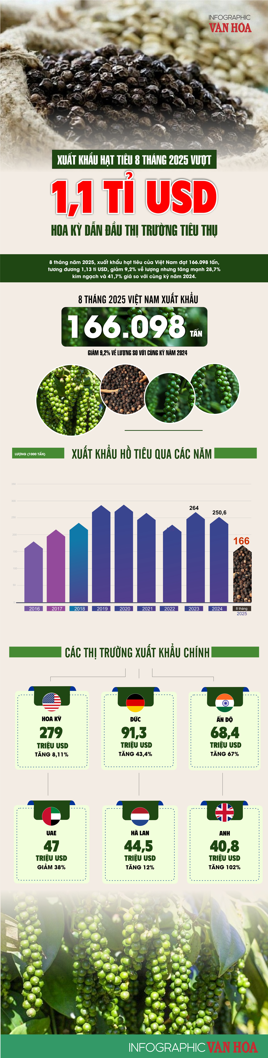 (Infographic) Xuất khẩu hạt tiêu 8 tháng 2025 vượt 1,1 tỉ USD, Hoa Kỳ dẫn đầu thị trường tiêu thụ - ảnh 1