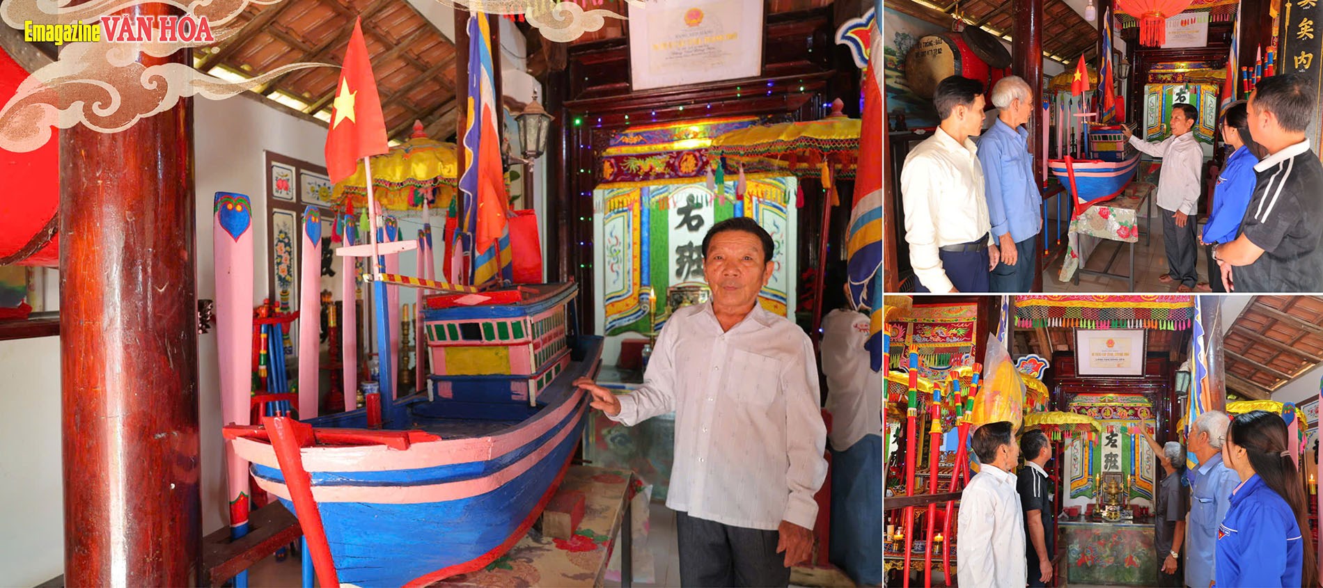 Không gian thờ tự và mô hình thuyền truyền thống được lưu giữ tại di tích văn hóa làng Vạn Đông Yên