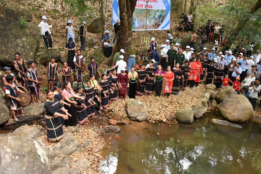 Người dân tham dự lễ cúng rừng tại rừng cổ thụ làng De Chí