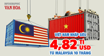 (Infographic) Việt Nam nhập siêu 4,82 tỉ USD từ Malaysia trong 10 tháng
