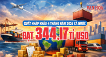 Xuất nhập khẩu 4 tháng năm 2026 đạt 344,17 tỉ USD, nhập siêu 7,11 tỉ USD