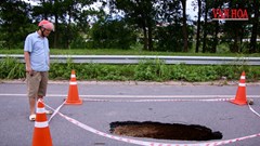 Cận cảnh hố sụt lớn án ngữ giữa lòng đường ở Thái Nguyên