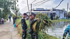 Cán bộ, chiến sĩ xã Vĩnh Thuận hỗ trợ người dân thu hoạch lúa ngập úng