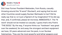 Tổng thống Trump cảnh báo về gợi ý liên quan tới vũ khí hạt nhân của cựu Tổng thống Nga