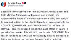 [NÓNG]: Ông Trump đồng ý tạm ngừng tấn công Iran trong 2 tuần