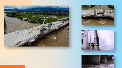 Công nhân “treo mình” giữa dòng nước lũ thi công cầu trăm tỉ đồng ở Thái Nguyên