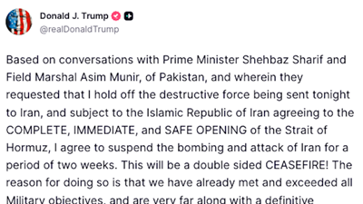 [NÓNG]: Ông Trump đồng ý tạm ngừng tấn công Iran trong 2 tuần