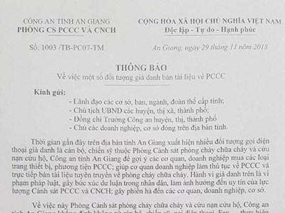 Công an An Giang cảnh báo một số đối tượng giả danh bán tài liệu PCCC