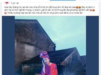 Hoa hậu Giáng My ngồi trên mái nhà cổ Hội An chụp ảnh gây bức xúc