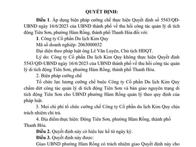 Thanh Hóa: Cưỡng chế thu hồi công tác quản lý di tích động Tiên Sơn
