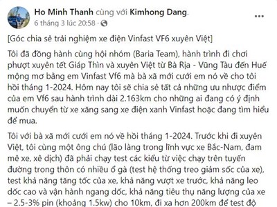 Chủ xe VinFast VF 6 bất ngờ với chi phí nhiên liệu chỉ bằng 20% xe xăng