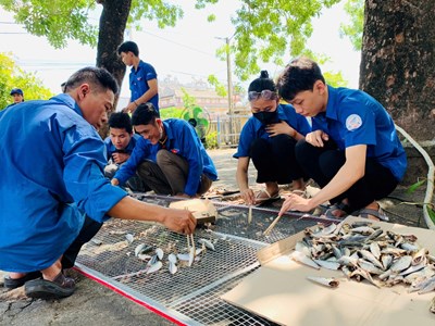 Chế biến cá khô gửi tặng đồng bào vùng lũ ở miền Bắc