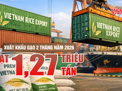 (Infographic) Xuất khẩu gạo 2 tháng đầu năm 2026 đạt 1,27 triệu tấn, giá trị giảm gần 12%