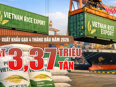 Xuất khẩu gạo 4 tháng đầu năm 2026 đạt 3,37 triệu tấn, thu về 1,58 tỉ USD