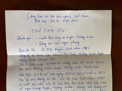 Người dân viết thư cảm ơn công an giúp đỡ tìm lại người thân đi lạc