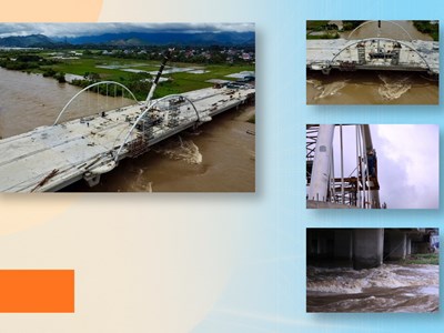 Công nhân “treo mình” giữa dòng nước lũ thi công cầu trăm tỉ đồng ở Thái Nguyên