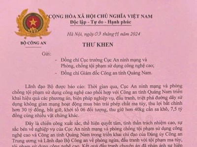 Bộ Công an gửi thư khen Công an Quảng Nam về thành tích triệt phá đường dây ma túy lớn