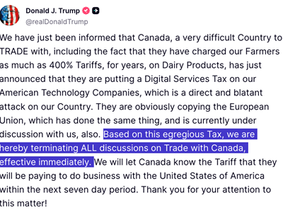 Tổng thống Trump chấm dứt đàm phán với Canada, úp mở đạt thoả thuận với 4-5 nước