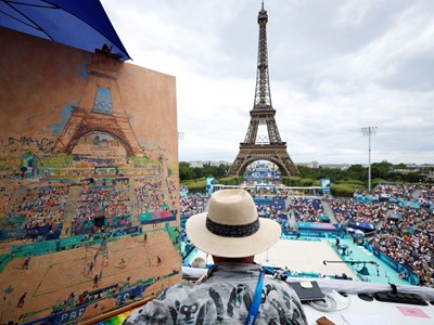 Họa sĩ vẽ tranh bóng chuyền bãi biển tại Thế vận hội 2024