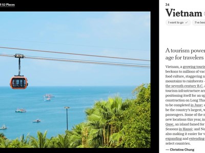 New York Times chọn cáp treo Hòn Thơm là hình ảnh biểu tượng của du lịch Việt Nam trong danh sách “phải đến năm 2026”