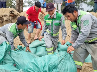 Hàng trăm người xúc cát, dồn bao làm kè bảo vệ bờ biển Mỹ Khê