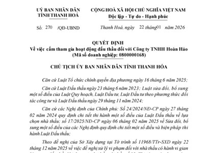 Gian lận hồ sơ dự thầu, một doanh nghiệp bị cấm đấu thầu 3 năm tại Thanh Hóa