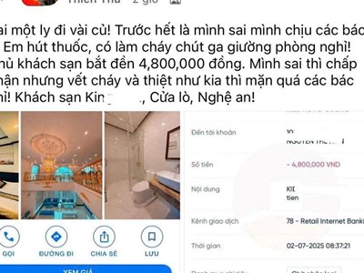 Hút thuốc làm cháy đệm khách sạn, du khách bị bồi thường 4,8 triệu đồng 
