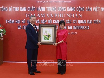 Tổng Bí thư thăm Đại sứ quán, gặp gỡ cán bộ các cơ quan đại diện và cộng đồng người Việt Nam tại Indonesia