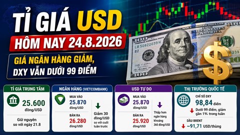 Tỉ giá USD hôm nay 24.8.2026: Giá ngân hàng giảm, DXY vẫn dưới 99 điểm