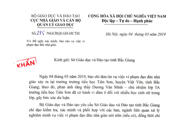 Bộ GD&ĐT đề nghị xác minh vụ việc dâm ô học sinh tại Bắc Giang - Anh 1
