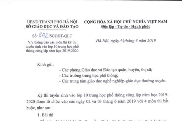 Hà Nội công bố môn thi thứ 4 vào lớp 10 năm học 2019 - 2020 - Anh 1